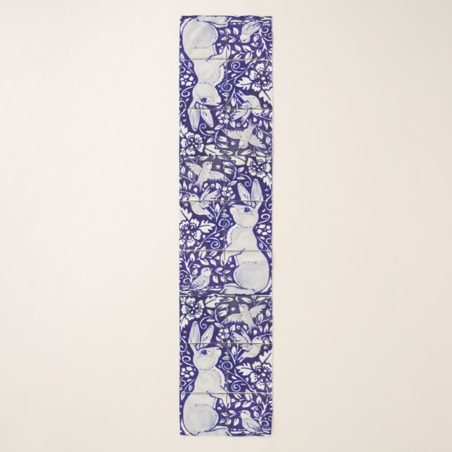 Blue & White Rabbit Tile Floral Bird Bunny Easter Scarf (Front)
