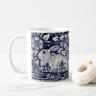 Blue & White Rabbit Tile Woodland Flowers Snail Coffee Mug