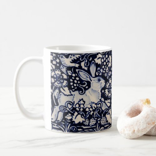 Blue  White Rabbit Tile Woodland Strawberry Bird Coffee Mug