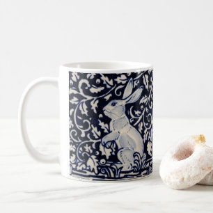 Blue & White Rabbit Tile Woodland Vines Leaf Berry Coffee Mug