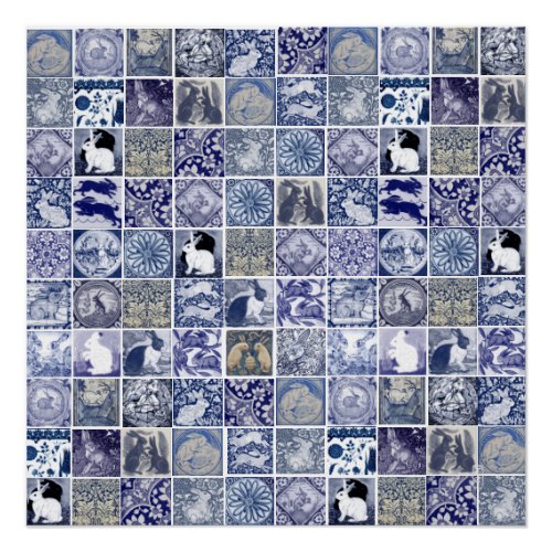 Blue White Rabbit Vintage Unique Tile Pattern Poster