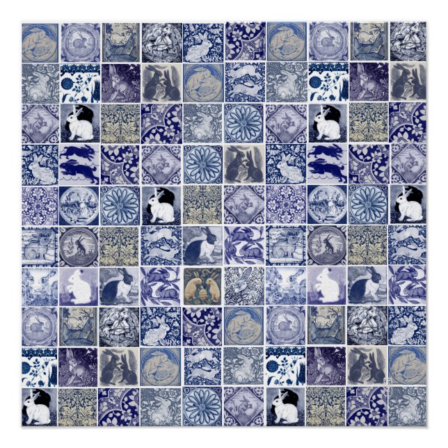 Blue White Rabbit Vintage Unique Tile Pattern Poster (Front)