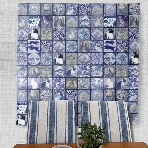 Blue White Rabbit Vintage Unique Tile Pattern Tapestry