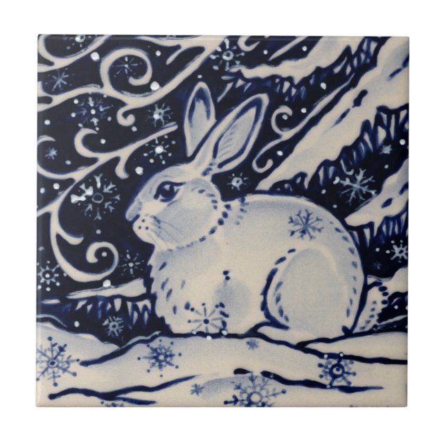 Blue White Rabbit Winter Snow Chinoiserie Cobalt Ceramic Tile (Front)