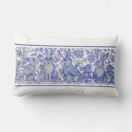 Blue  White Rabbit Woodland Bunny Delft Dedham Lumbar Pillow