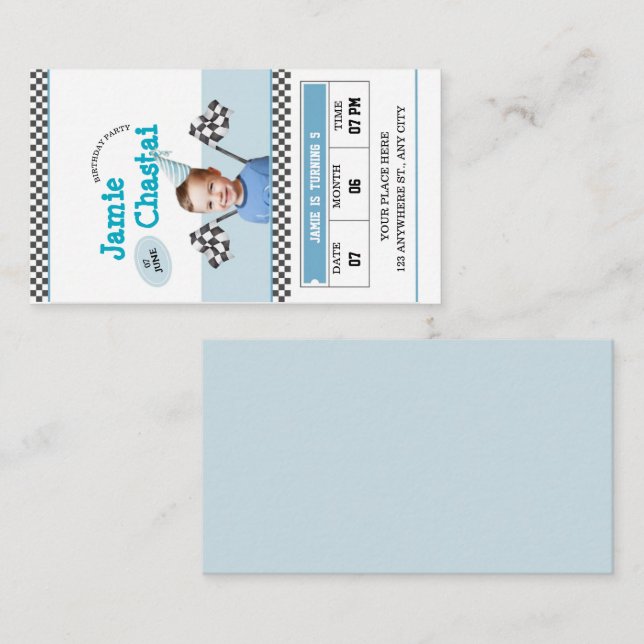 Blue & White Race Car Adventure Kids Birthday  Enclosure Card (Front/Back)