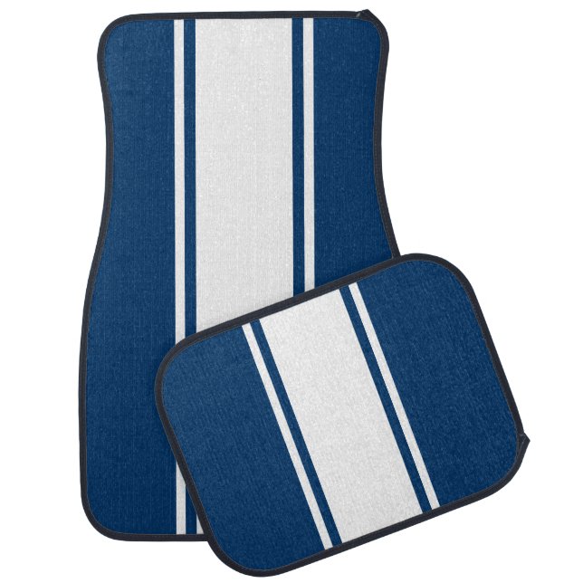 Blue & White Racer Stripe Car Mats (Set)