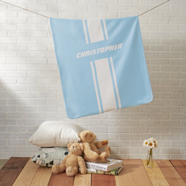 Blue White Racing Stripes Monogram Warm Cozy Soft Baby Blanket (In Situ)