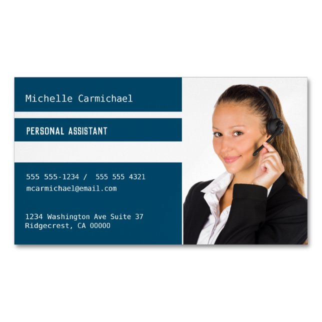 Blue White Realtor Personal Assistant Photo Business Card Magnet (Front)