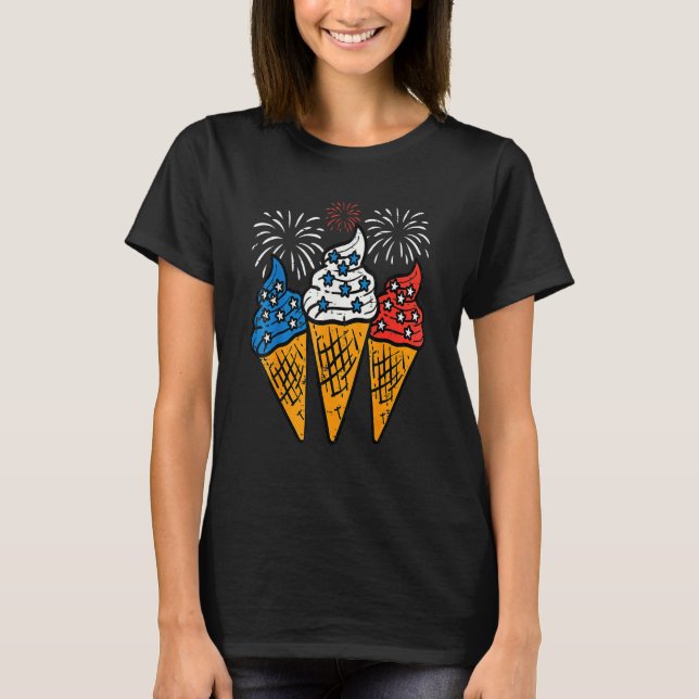 Blue White Red Ice Cream Cone Us Flag 4th Of July  T-Shirt (Front)