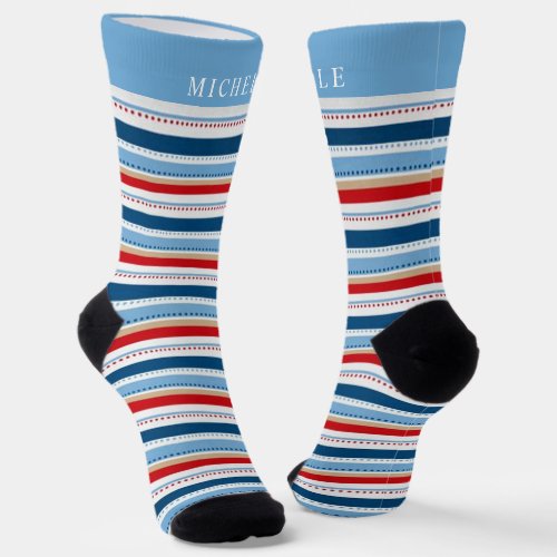 Blue White Red Lines Striped Custom Name  Socks