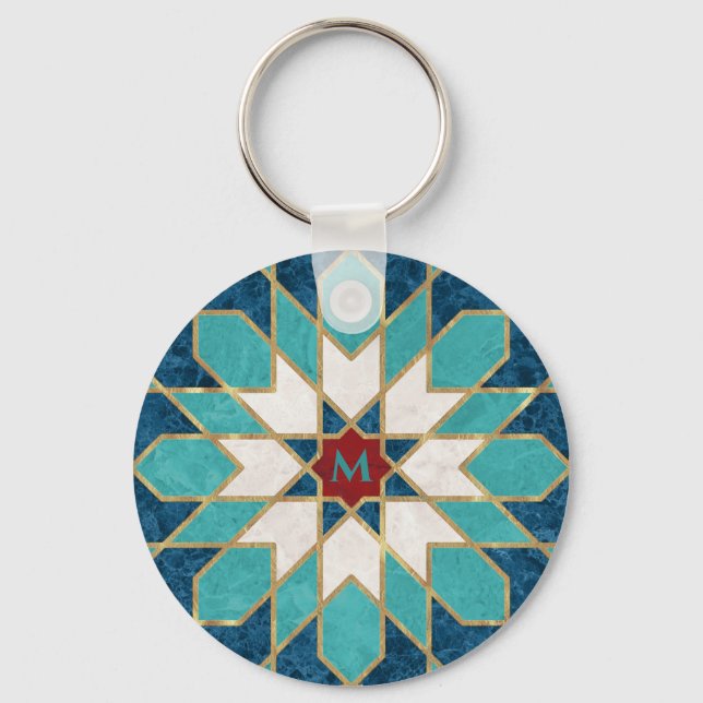 Blue White Red Marble Moroccan Mosaic Monogram Keychain (Front)