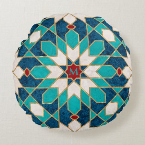 Blue White Red Marble Moroccan Mosaic Monogram  Round Pillow