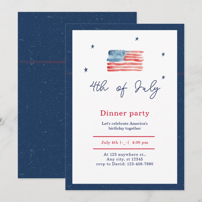 Blue White Red Minimalist 4th of July Dinner Party Invitation (Front/Back)