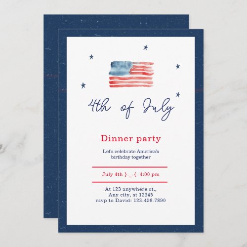 Blue White Red Minimalist 4th of July Dinner Party Invitation