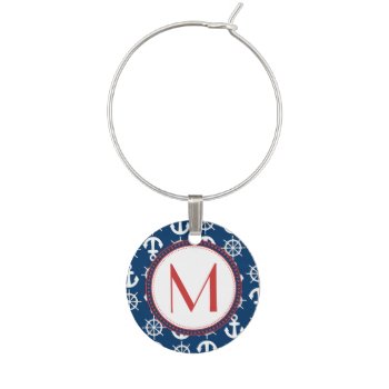 Blue White Red Nautical Beach Anchors Wheels Wine Glass Charm by TrendyKitchens at Zazzle