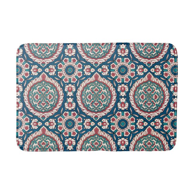 Blue White Red Teal Oriental Azulejo Pattern Bath Mat (Front)