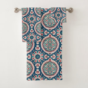 Blue White Red Teal Oriental Azulejo Pattern Bath Towel Set