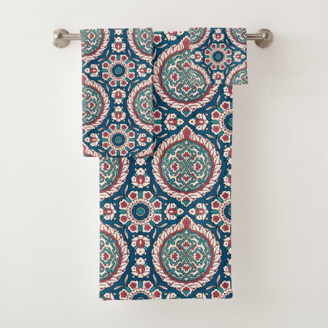 Blue White Red Teal Oriental Azulejo Pattern Bath Towel Set (Insitu)