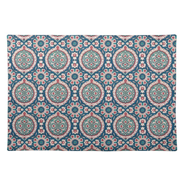 Blue White Red Teal Oriental Azulejo Pattern Cloth Placemat (Front)