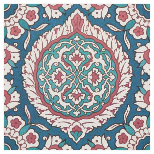 Blue White Red Teal Oriental Azulejo Pattern Fabric
