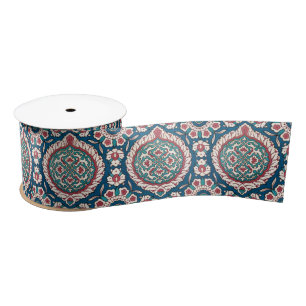 Blue White Red Teal Oriental Azulejo Pattern Satin Ribbon