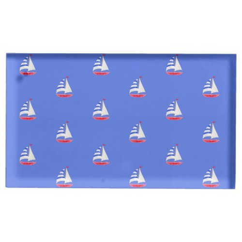 Blue white red watercolor sail boat custom name ac place card holder