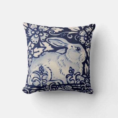 Blue White Resting Rabbit Hare Navy Chinoiserie Throw Pillow