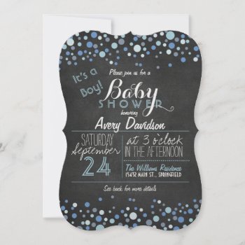 Blue & White Retro Chalkboard Boy Baby Shower Invitation by Card_Stop at Zazzle