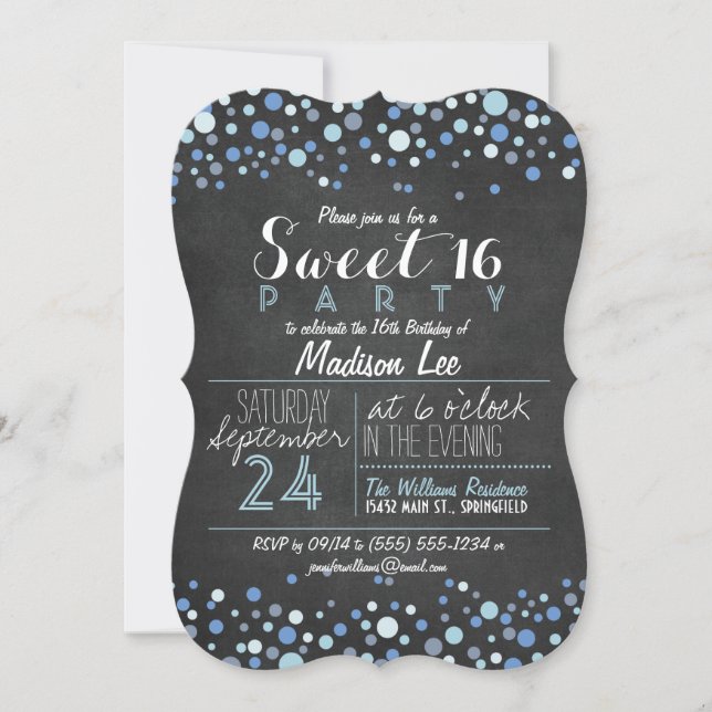 Blue & White Retro Chalkboard Sweet 16 Party Invitation (Front)