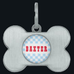 Blue White Retro Checkered Dog Puppy Cat Name Pet ID Tag<br><div class="desc">Create your own custom, personalized, bold christmas red rustic vintage western script / typography custom name at front and back, and retro cool chic stylish geometric trendy light blue checkered chequered checks checkers pattern background, UV resistant and waterproof, burnished silver bone-shaped pet dog cat doggy puppy kitten kitty ID name...</div>