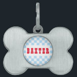 Blue White Retro Checkered Dog Puppy Cat Name Pet ID Tag<br><div class="desc">Create your own custom, personalized, bold christmas red rustic vintage western script / typography custom name at front and back, and retro cool chic stylish geometric trendy light blue checkered chequered checks checkers pattern background, UV resistant and waterproof, burnished silver bone-shaped pet dog cat doggy puppy kitten kitty ID name...</div>