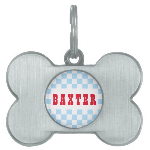 Blue White Retro Checkered Dog Puppy Cat Name Pet ID Tag