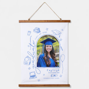 Blue White Retro Hand Drawn Photo Graduation Hanging Tapestry