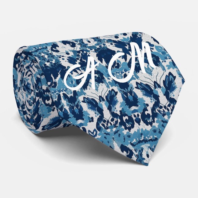 Blue White Retro Ikat Pattern 2 Monogram Initials Neck Tie (Rolled)