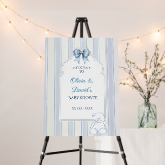 Blue white retro teddy baby shower welcome sign