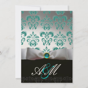 BLUE WHITE RIBBON & BLACK DAMASK MONOGRAM Gold Invitation