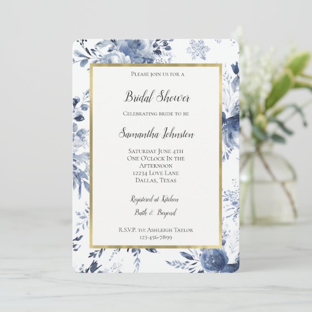 Blue White Romantic Floral Bridal Shower   Invitation (Standing Front)