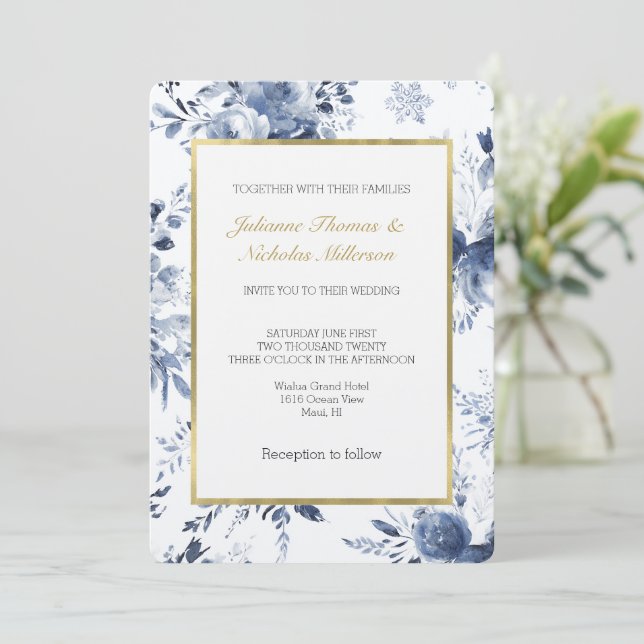 Blue White Romantic Floral Wedding Invitation (Standing Front)