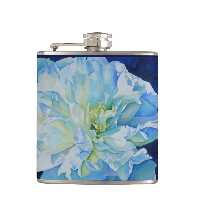 Blue white romantic peony watercolor painting  hip flask (Front)