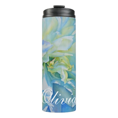 Blue white romantic peony watercolor painting  thermal tumbler