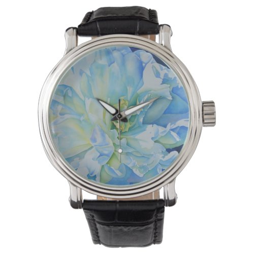 Blue white romantic peony watercolor painting  watch