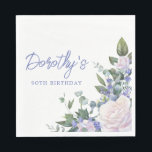 Blue White Rose Floral 90th Birthday Napkins<br><div class="desc">White roses and blue flowers create a beautiful and elegant floral frame. The birthday woman's name is written in a large blue script font. 90th Birthday follows. This birthday napkin is part of the 90th Birthday Blue and White Floral collection. It contains many DIY templates that let you quickly create...</div>