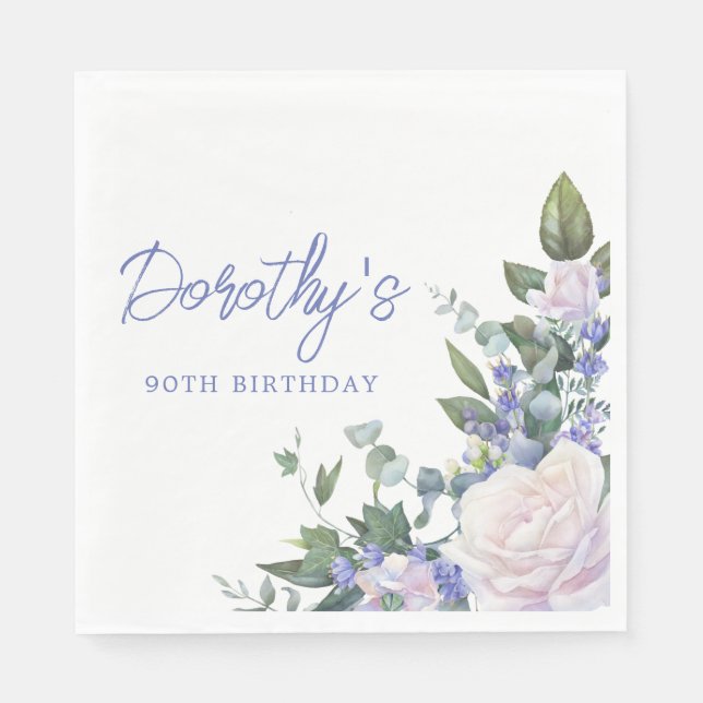 Blue White Rose Floral 90th Birthday Napkins (Front)