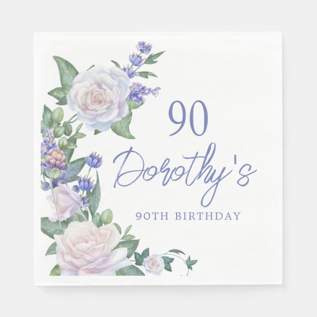 Blue White Rose Floral 90th Birthday Napkins (Front)