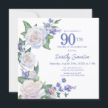 Blue White Rose Floral 90th Birthday Square Invitation<br><div class="desc">Honor a special woman with this elegant and feminine 90th Birthday party invitation. 90th is written in large blue text. Birthday celebration follows. The honored guest's name is written in a modern script font. The birthday celebration details are surrounded by a chic open wreath that is decorated with white roses...</div>