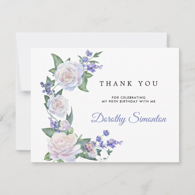 Blue White Rose Floral 90th Birthday Thank You Card (Front)