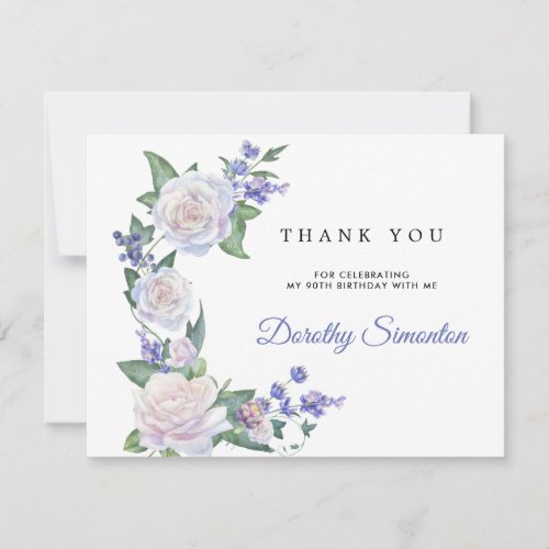 Blue White Rose Floral 90th Birthday Thank You Card