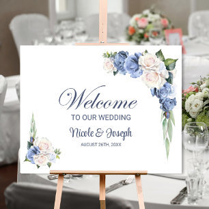 Blue White Rose Floral Wedding Welcome Sign