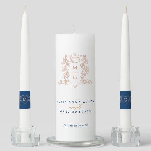 Blue white rose gold monogram crown art wedding unity candle set